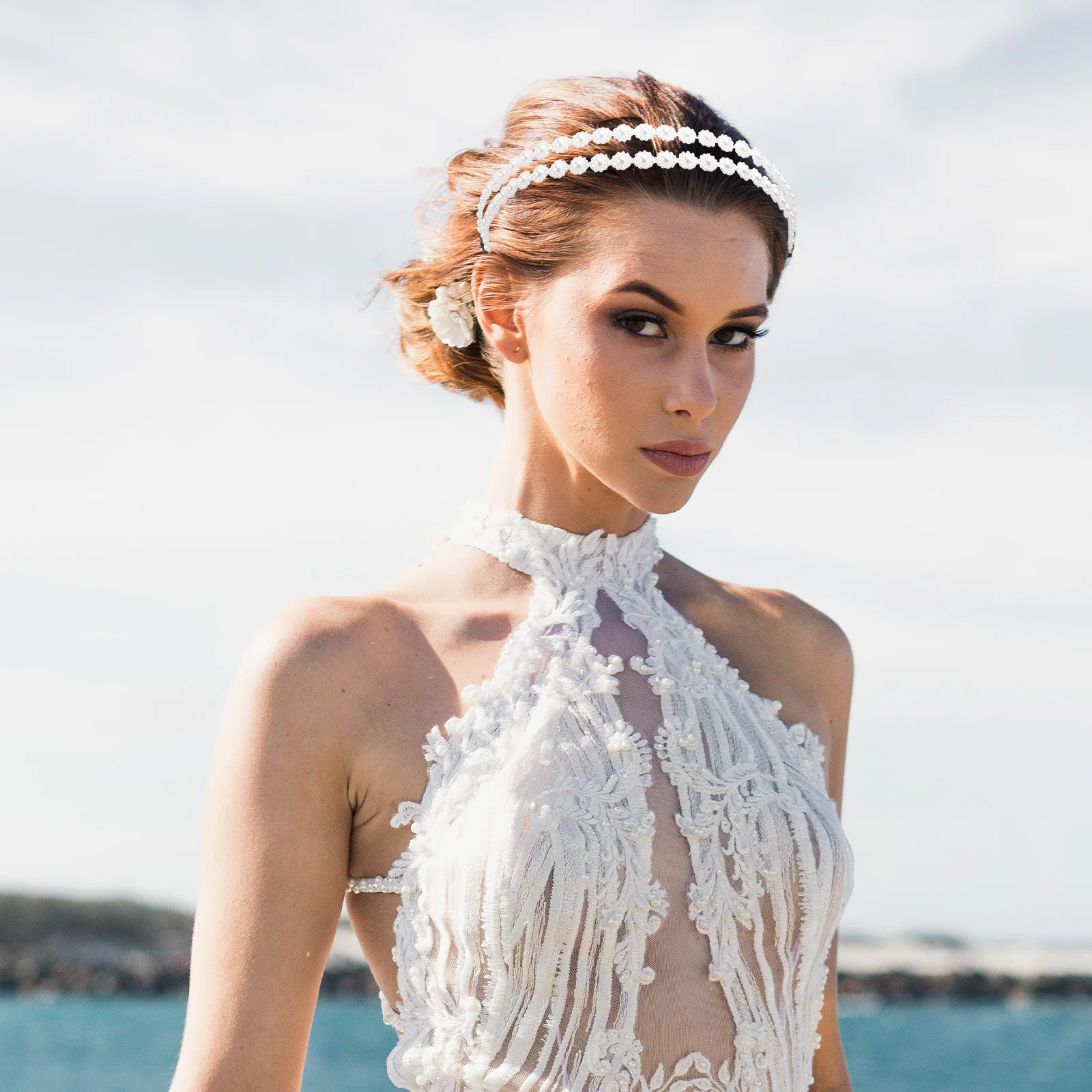 

Pearl Headband Women Floral Hair Band Girls Accessories Bride Bridal Double Row Elegant Pearl Wedding Hairpiece