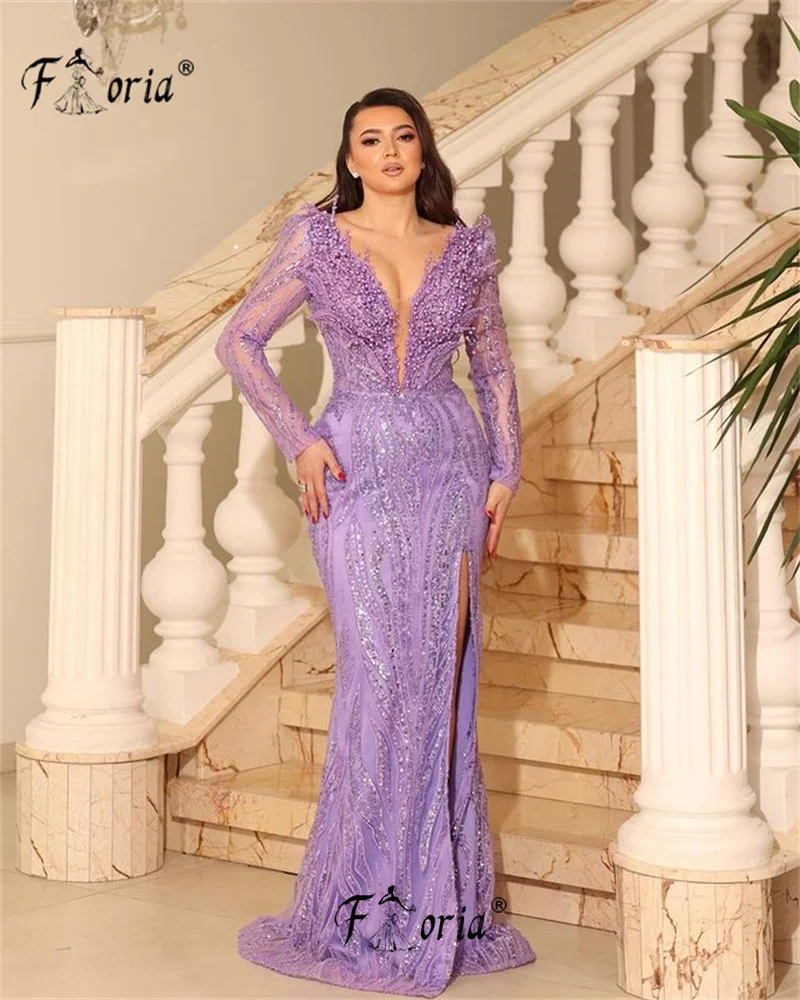 

Gorgeous Dubai Beaded Mermaid Evening Dresses Purple Crystals 3D Appliques Arabic Party Gowns Formal Prom Dress Robe De Soiree