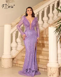 Gorgeous Dubai Beaded Mermaid Evening Dresses Purple Crystals 3D Appliques Arabic Party Gowns Formal Prom Dress Robe De Soiree