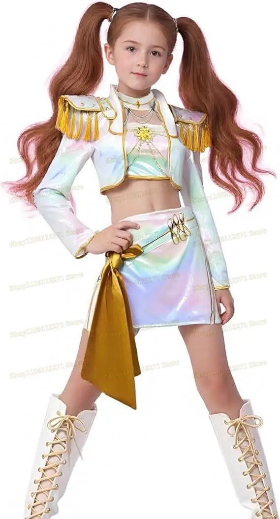 ชุดคอสเพลย์อนิเมะ K-POP Demon Hunters สำหรับสาวๆ รูมิ โซอี้ มิรา คอสเพลย์สีขาวทอง สำหรับการแสดงบนเวที แรงบันดาลใจจากภาพยนตร์ Netflix