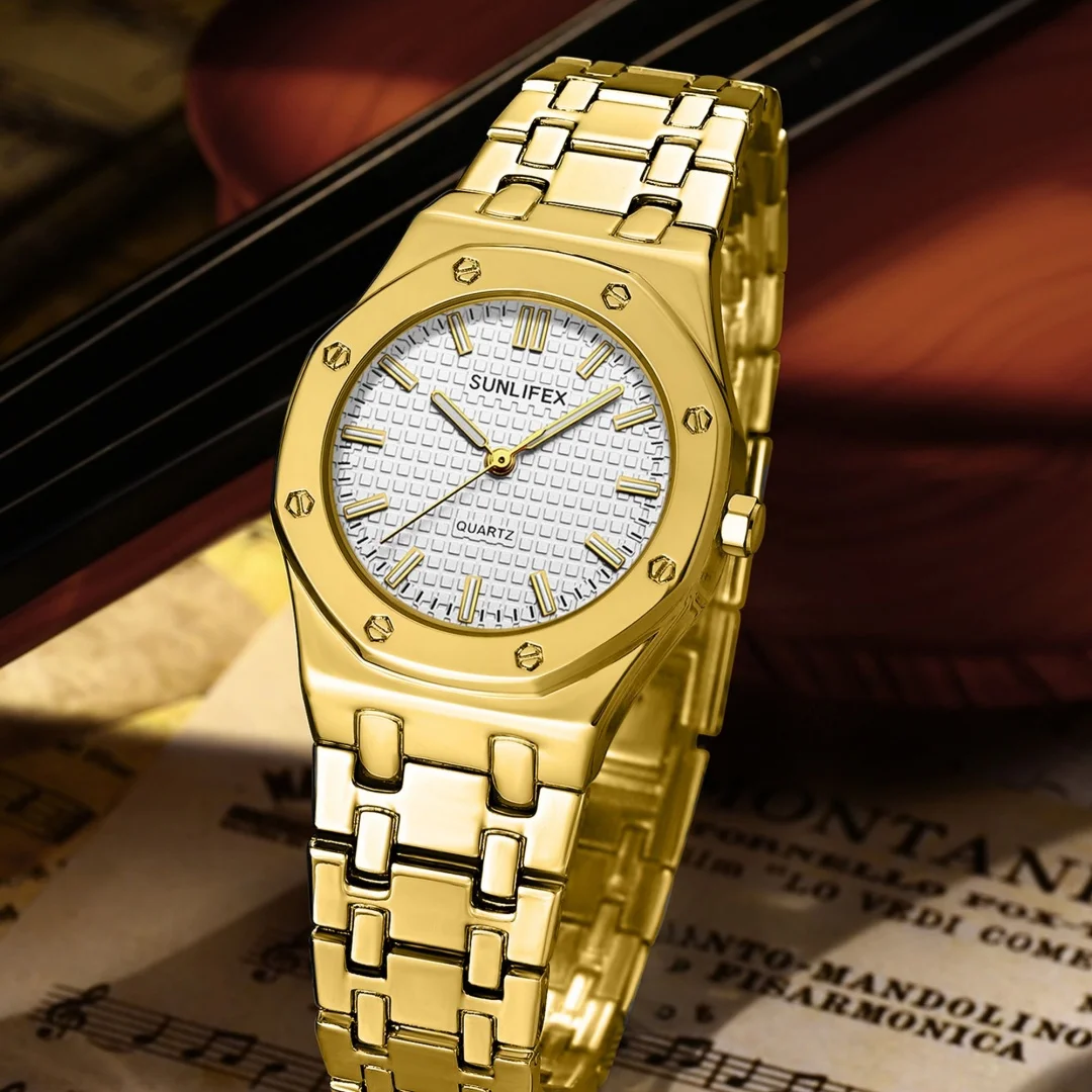 Sunlifex العلامة التجارية الأعلى السيدات الساعات المألوف الذهبي ساعة معصم Montre حزام ساعة كوارتز ساعة نسائية Reloj de mujer