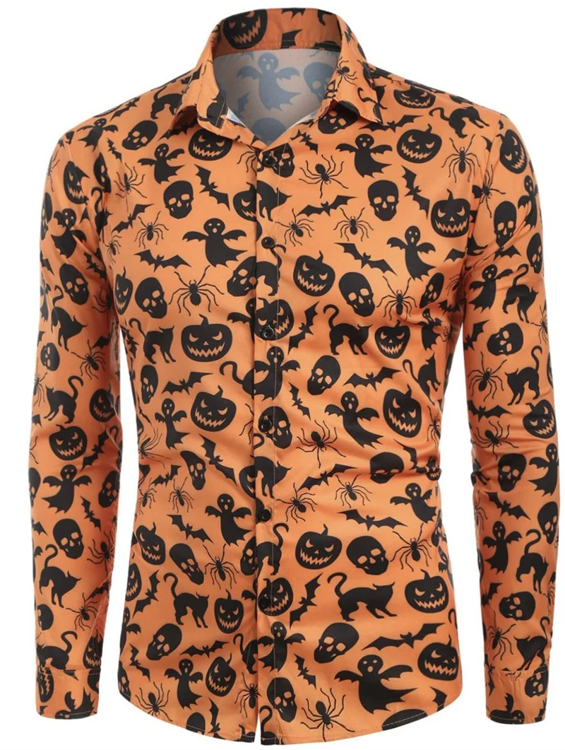 3D Printed Pumpkin Head Pattern Shirt Top Fashion Party Collar Single Breaste Long Sleeve Men Shirt Casual Simple Men's Clothing