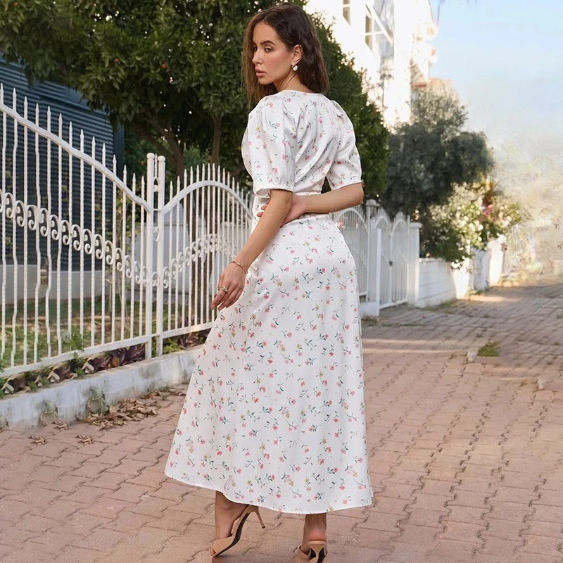 TARUXY Women's Floral Maxi Dress V Neck Short Puff Sleeve Lace Trim High Waist Slim Summer Casual Vacation Party Beach Dress 4