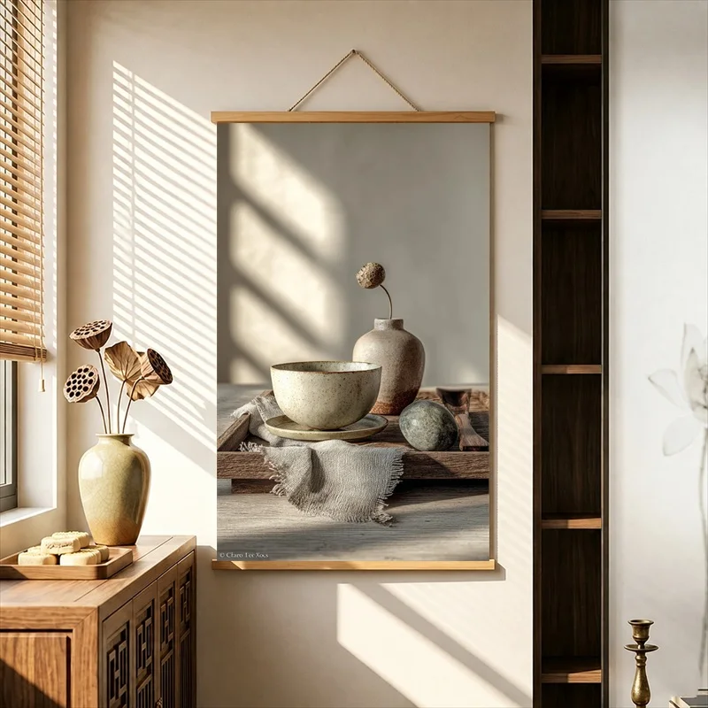 Home Decor Items Tea Tables beside Sunlit Wooden Windows, Japandi Style Pearlescent Canvas Wall Hanging Scroll for Japanese Inn