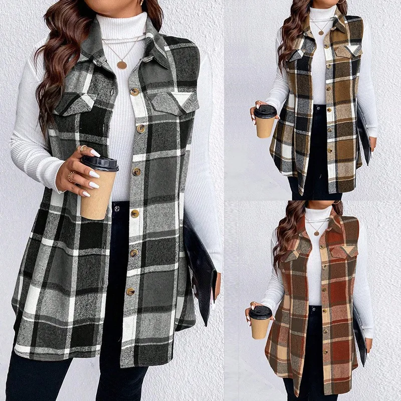 

Women's Vest Plaid Pattern Waistcoat Contrast Color Sleeveless Jacket Loose Fit Gold Buttons Vests Women's Warm Oversized