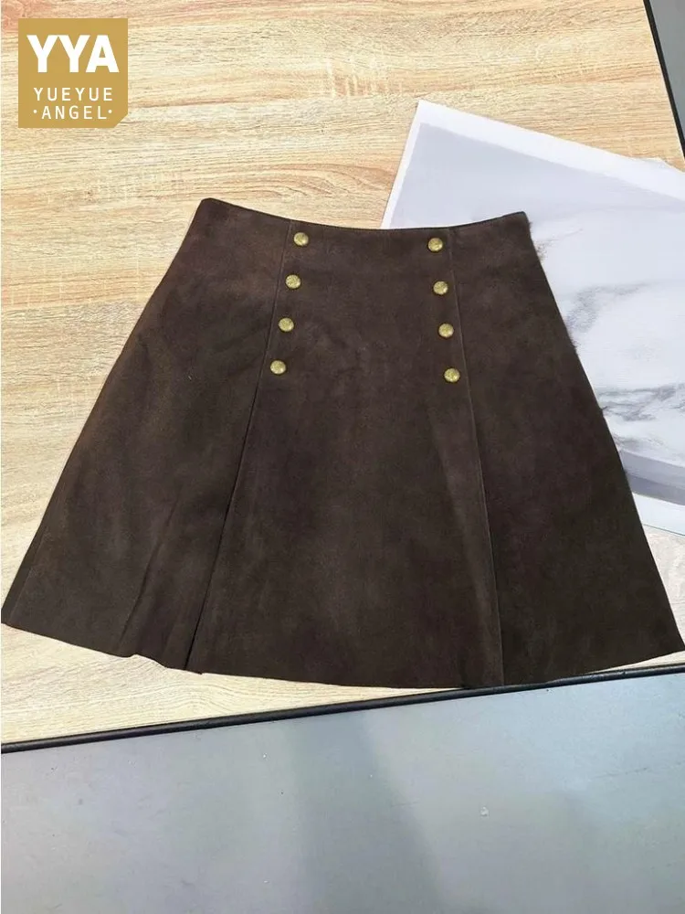

Concise Style Solid Color Ladies A-Line Genuine Leather Short Skirts High Waist Rivet Comfortable Sheepskin Pleated Skirt