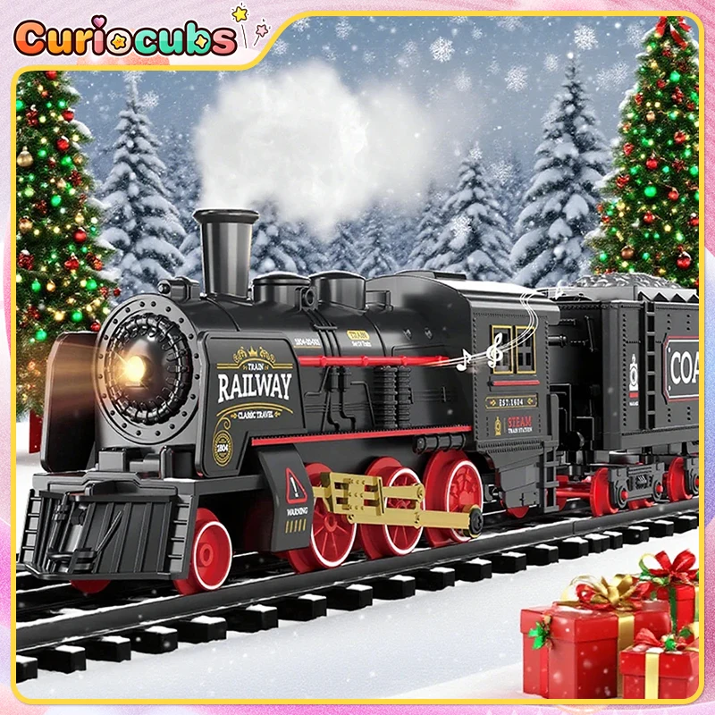 

Christmas Electric Train Track Retro Steam Locomotive Rail Train with Smoke High-Speed Railway Parking Lot Model Kid Xmas Gifts