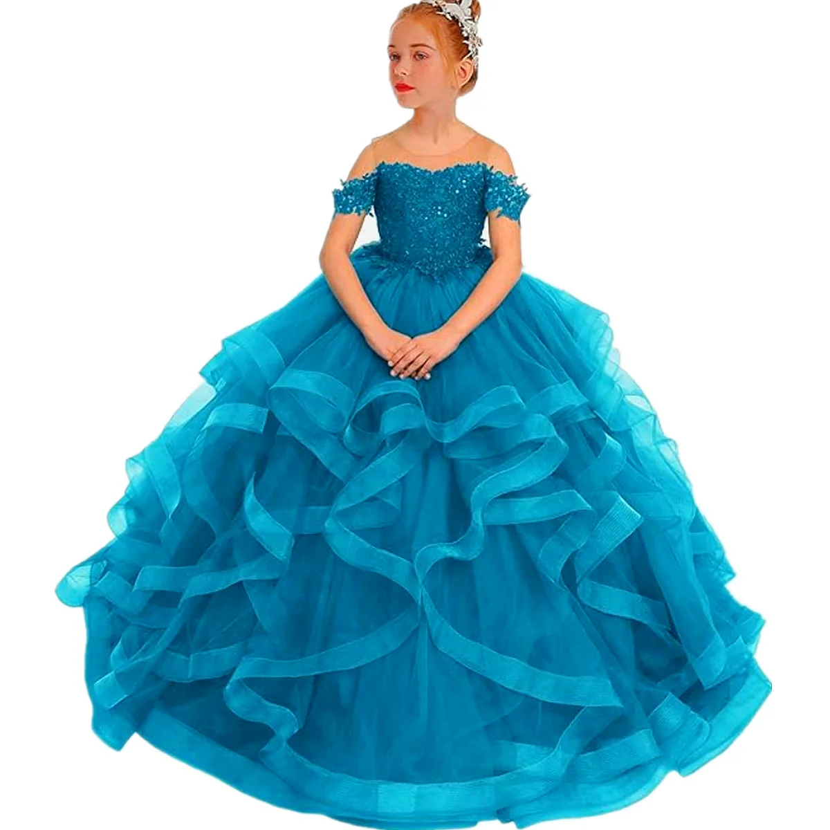 

Tulle Flower Girl Dress Wedding Illusion Off Shoulder Pageant Dresses for Girls Formal Party Ball Gown