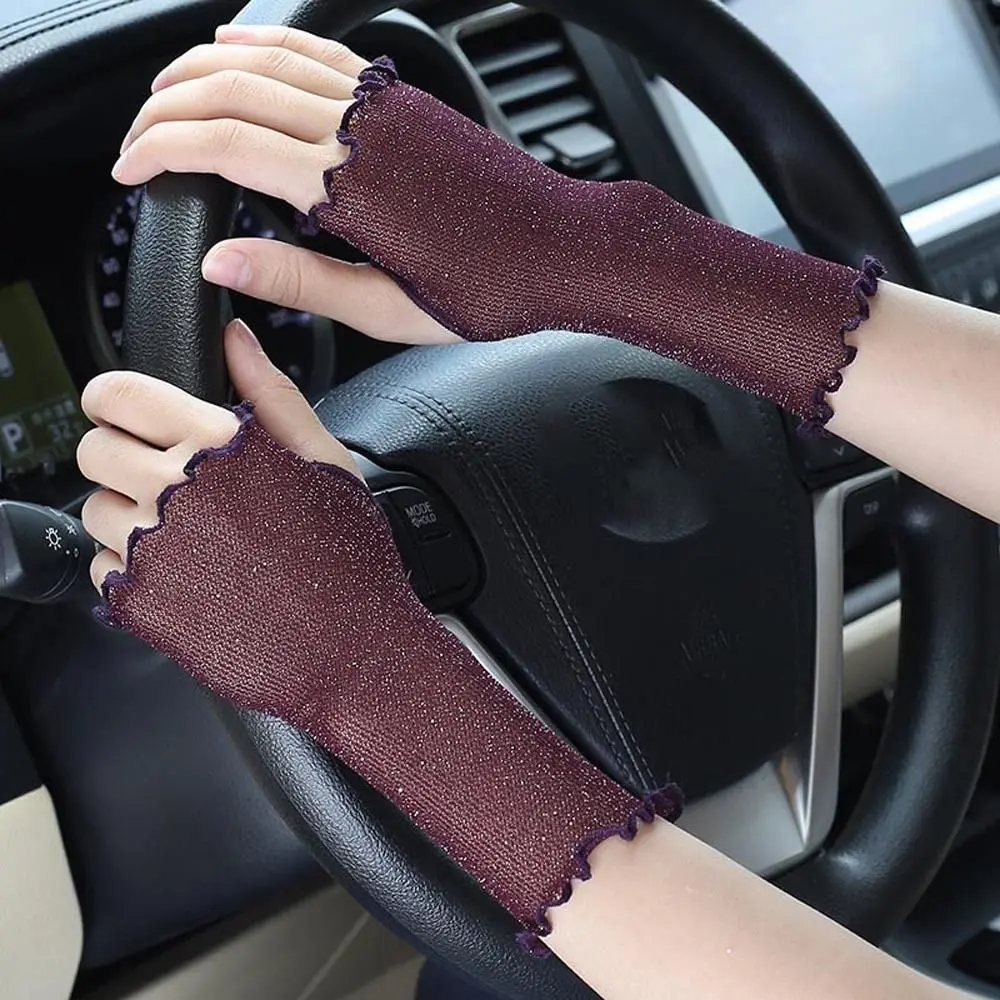 Summer Elastic Workout Cycling Shinny Driving Anti-UV Transparent Mesh Fingerless Gloves Half Finger Gloves Women Mittens