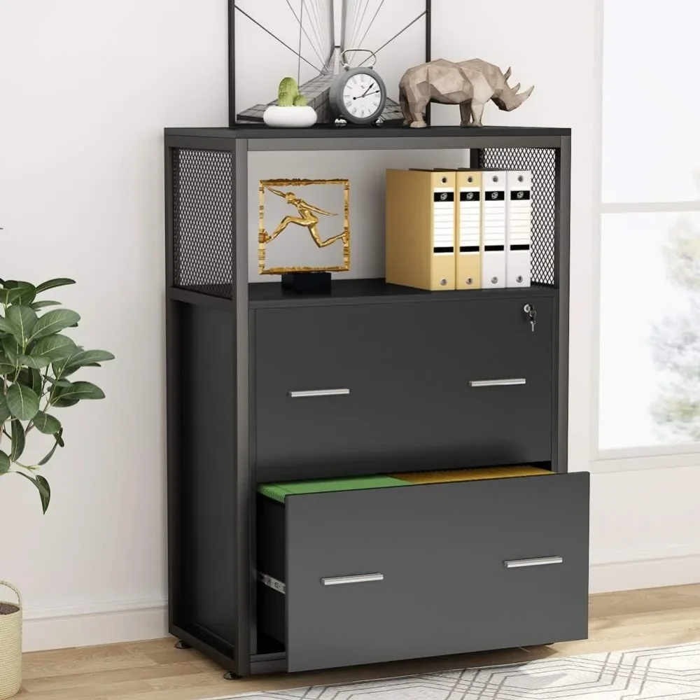 File Cabinet with Lock, Modern Filing Cabinet Printer Stand with Metal Wire Open Storage Shelves for Home Office