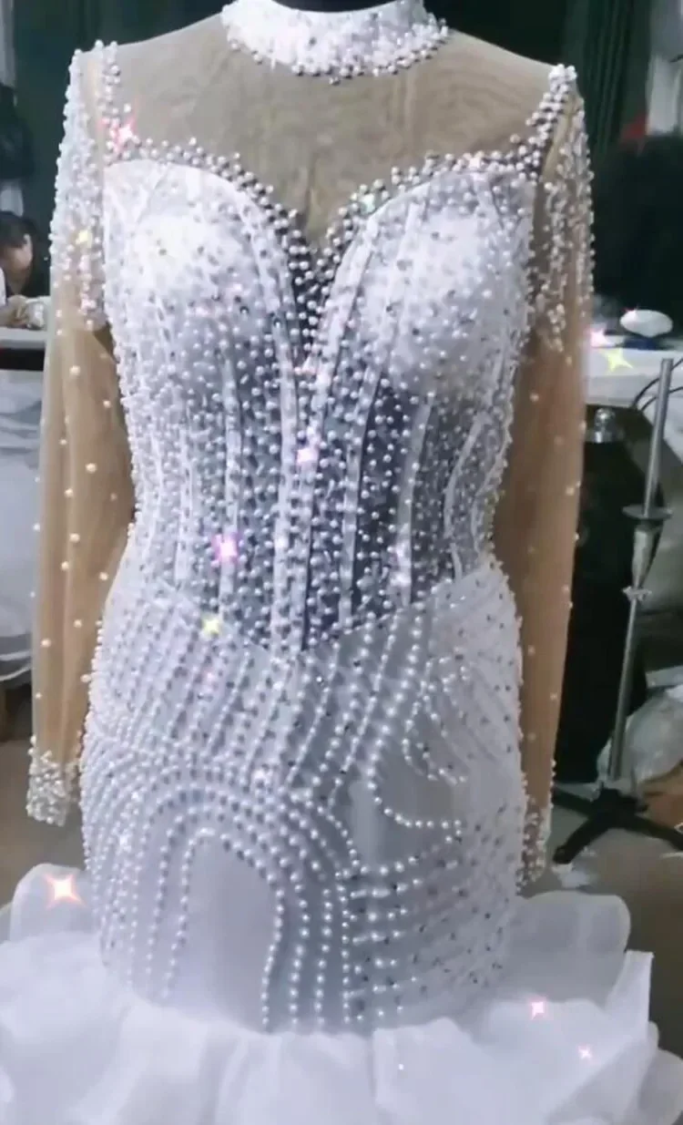 Personalizado ver através de pérolas contas sereia vestidos de casamento vestido de noiva manga cheia babados em cascata vestidos de noiva