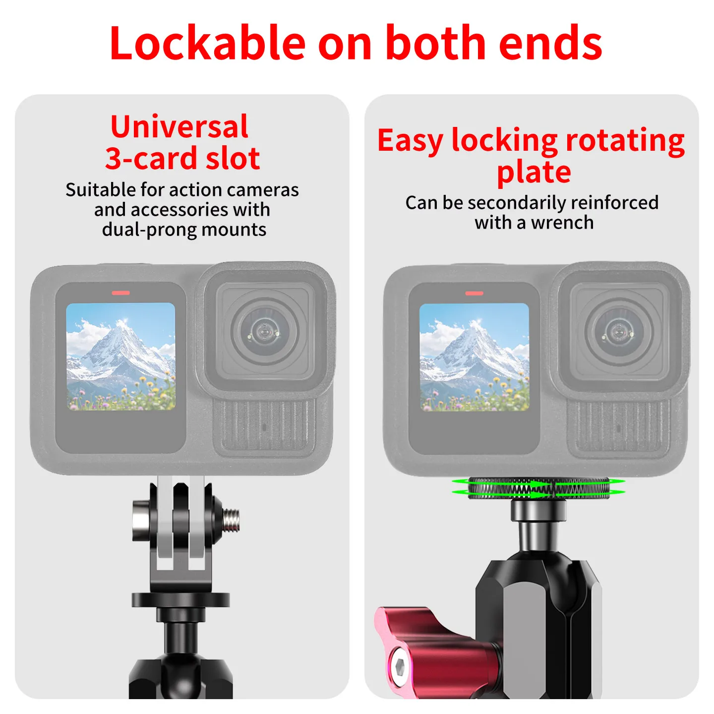 3-in-1 Action-Kamera-Halterung mit 1/4-Zoll-Schraube, Dual 360° ° Drehbarer Kohlefaser-Arm mit Kugelkopfklemme für GoPro DJI Osmo – Detail 4