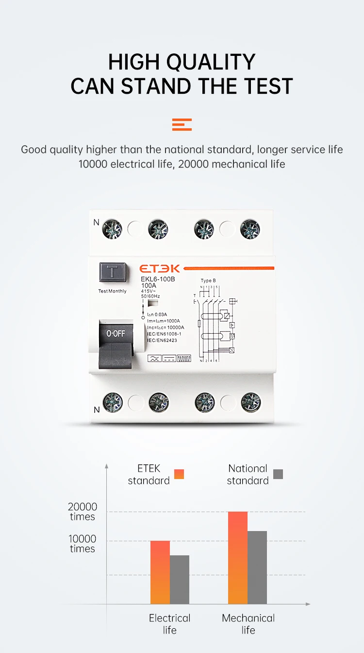 ETEK RCD RCCB Typ B Fehlerstrom-Schutzschalter für Erdung, EVSE 2P 4P 40A 63A 100A 30mA 300mA EKL6-100B DIN-Schiene 220V – Detail 5