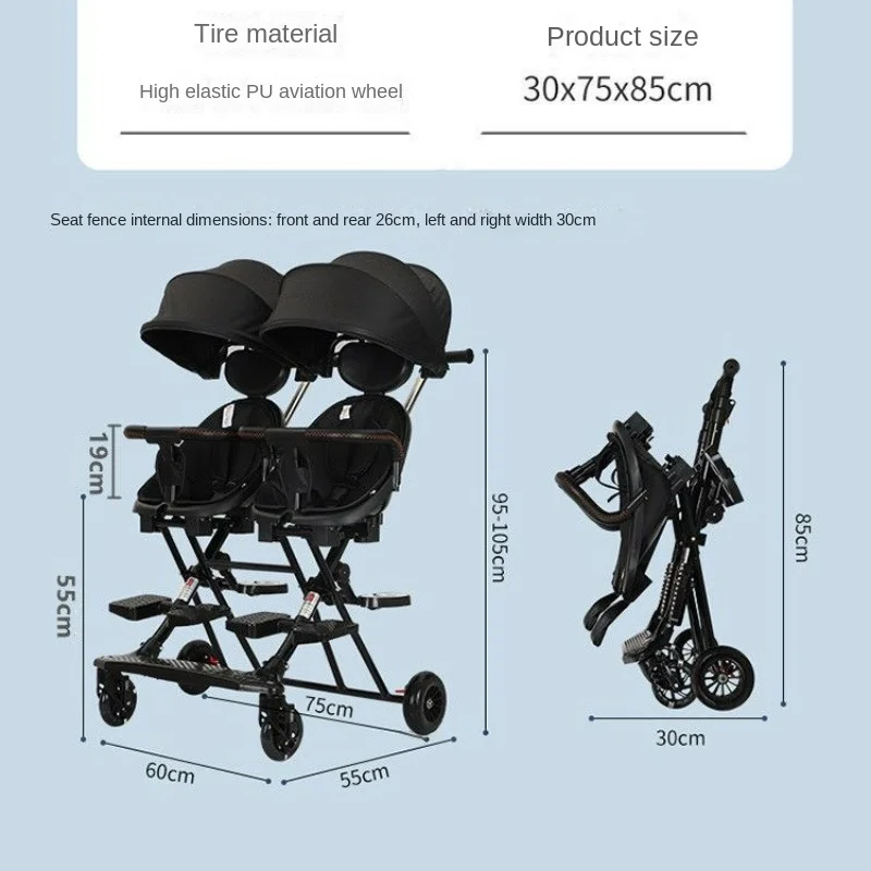 Eggshell Seat Twins Baby Stroller, Double Pushchair, Lightweight Folding Can Sit and Lie Double Row Twin Strollers for Two Kids