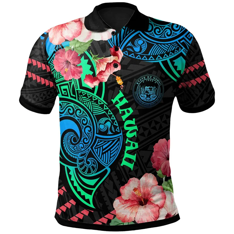 Polynesian Pattern Polo Shirt Men 3D Print Hibiscus Plumeria Flowers Short Sleeves T-shirt Button Loose Hawaiian Lapel T Shirts
