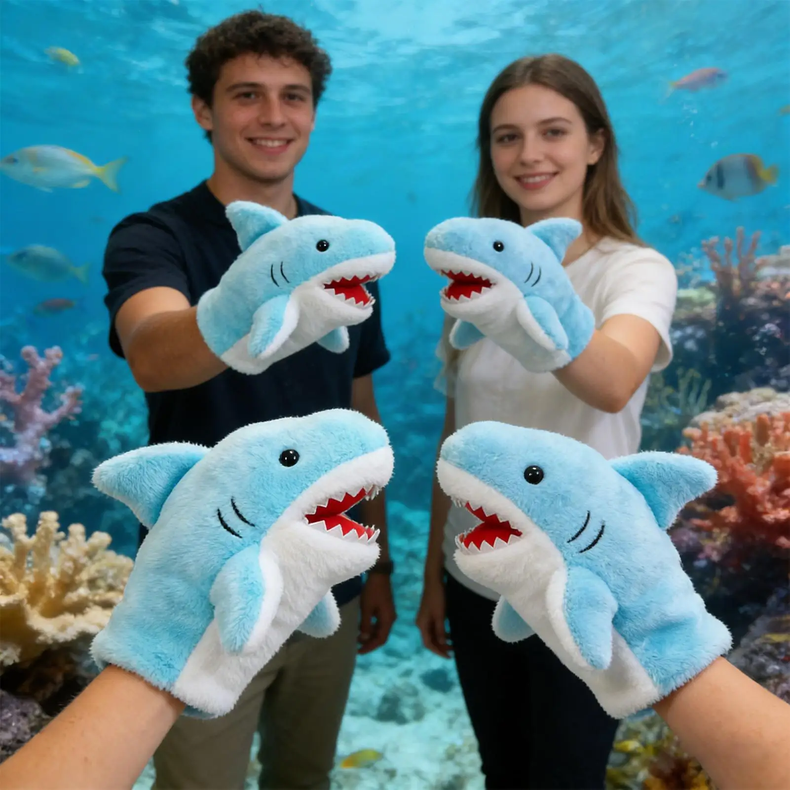 Shark Hand Puppet Plush Storytelling Toy with Moveable Mouth Plush Puppet for Kids Family Home Party School Classroom Playroom