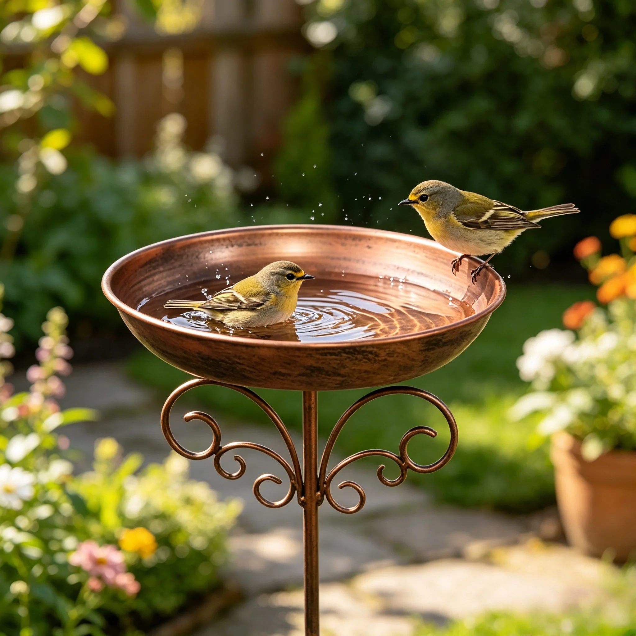 A Vintage Copper-Colored Iron Bird Bath and Feeder, Dual-Purpose, Rust-Proof for Outdoor Use, with 5 Stable Legs, Garden and Yard Decoration, Bird Drinking and Bathing Station, Easy to Clean, Classic Garden Decoration, Outdoor Decoration, Durable Handmade Product, Holiday Decoration/Outdoor Bird Feeder/Basic Feeding Equipment/Outdoor Scene Decoration