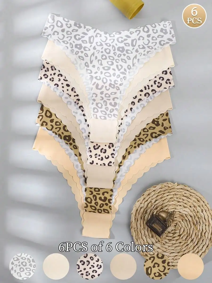 

6pcs Women Seamless Leopard Print Panties With Wavy Waistband Comfortable Fabric