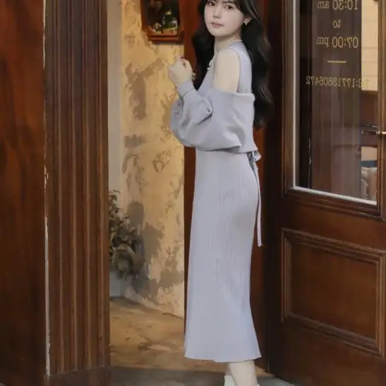 ชุดเสื้อไหมพรมถักสไตล์ญี่ปุ่นแบบสองชิ้น รุ่น Dr ทรงเข้ารูป กระชับเอว 4 ทิศทาง คอลเลคชั่นฤดูหนาวสำหรับสุภาพสตรี