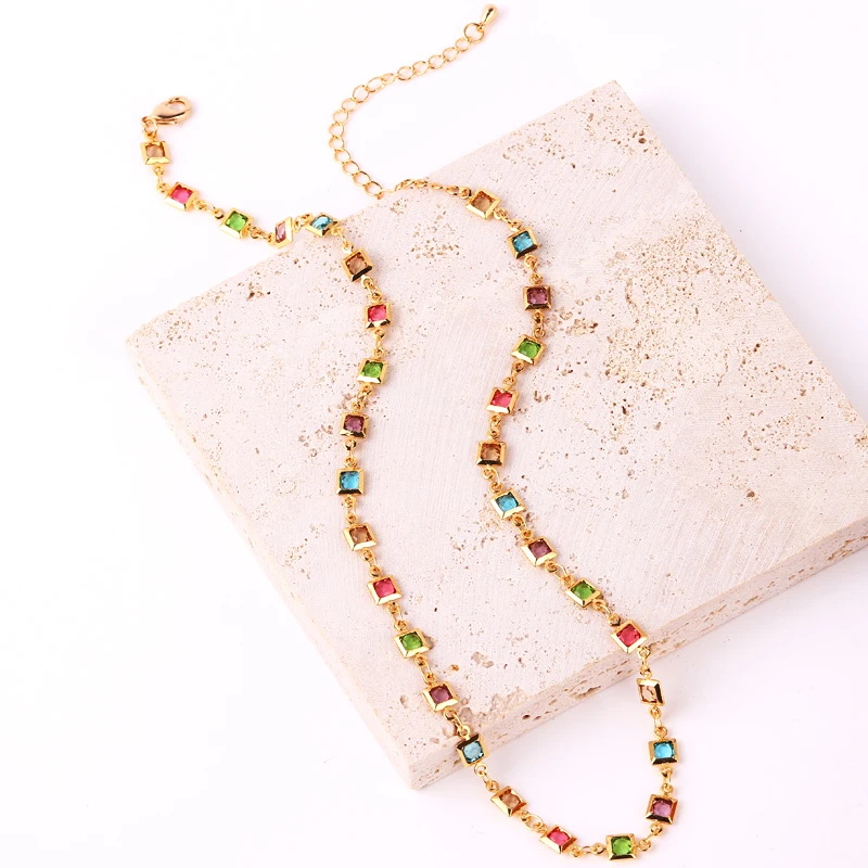 1pcs Korean Style Square Crystal Zircon Pendant Necklaces Y2K Colorful CZ Ladies Girls Fashion Elegant Clavicle Chain Wom