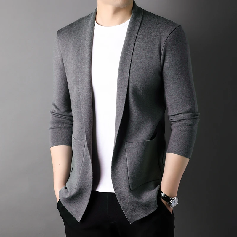 Men's Long Cardigan 2023 Long Sleeved Pocket Design Hot Selling Simple Solid Color Knitted Cardigan