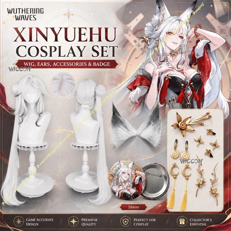 Hsin Moon Fox Cosplay Wig Wuthering Waves Cosplay Anime Game Headdress Props Furry Ears Game Peripheral Accessories Set Hallowen