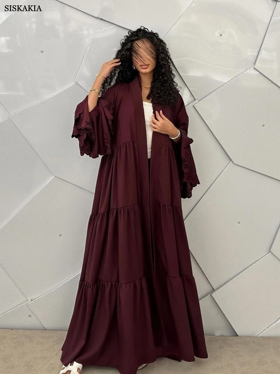 

Siskakia Роскошное женское вечернее платье с цветочной вышивкой, модное однотонное открытое кафтаны с расклешенными рукавами, хиджаб в комплекте 2025 г.