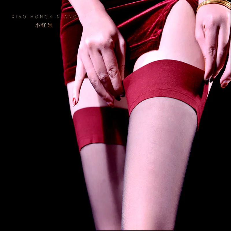 

Hold-Ups Lace Untra Thin Thigh High Socks Stockings Women over the Knee Sexy Non-Slip Sexy Transparent Flesh Color Red Edge Stoc