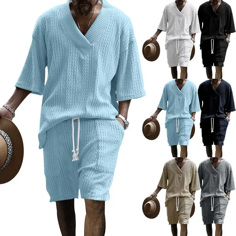 

New Men's Casual Knitted Top And Shorts Set Sleeve Length 7 Spring Summer Loose Fit American Style T-Shirt And Shorts Combo