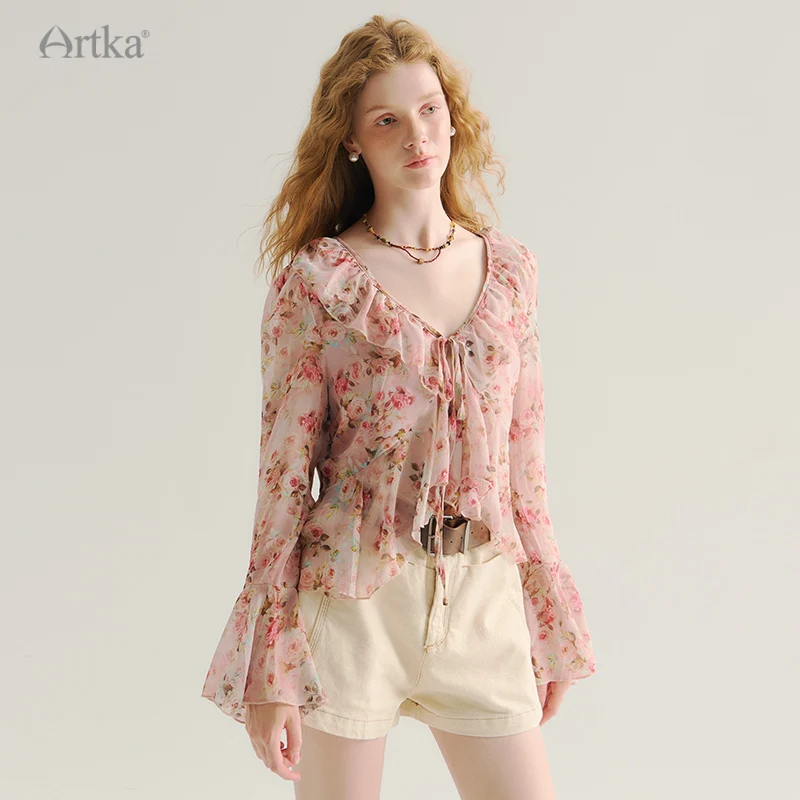 ARTKA 2024 Early Autumn New Elegant Floral Ruffles V-Neck Shirts Flare Sleeve Chiffon Lace-up Cardigan Blouse Female SA92248Q