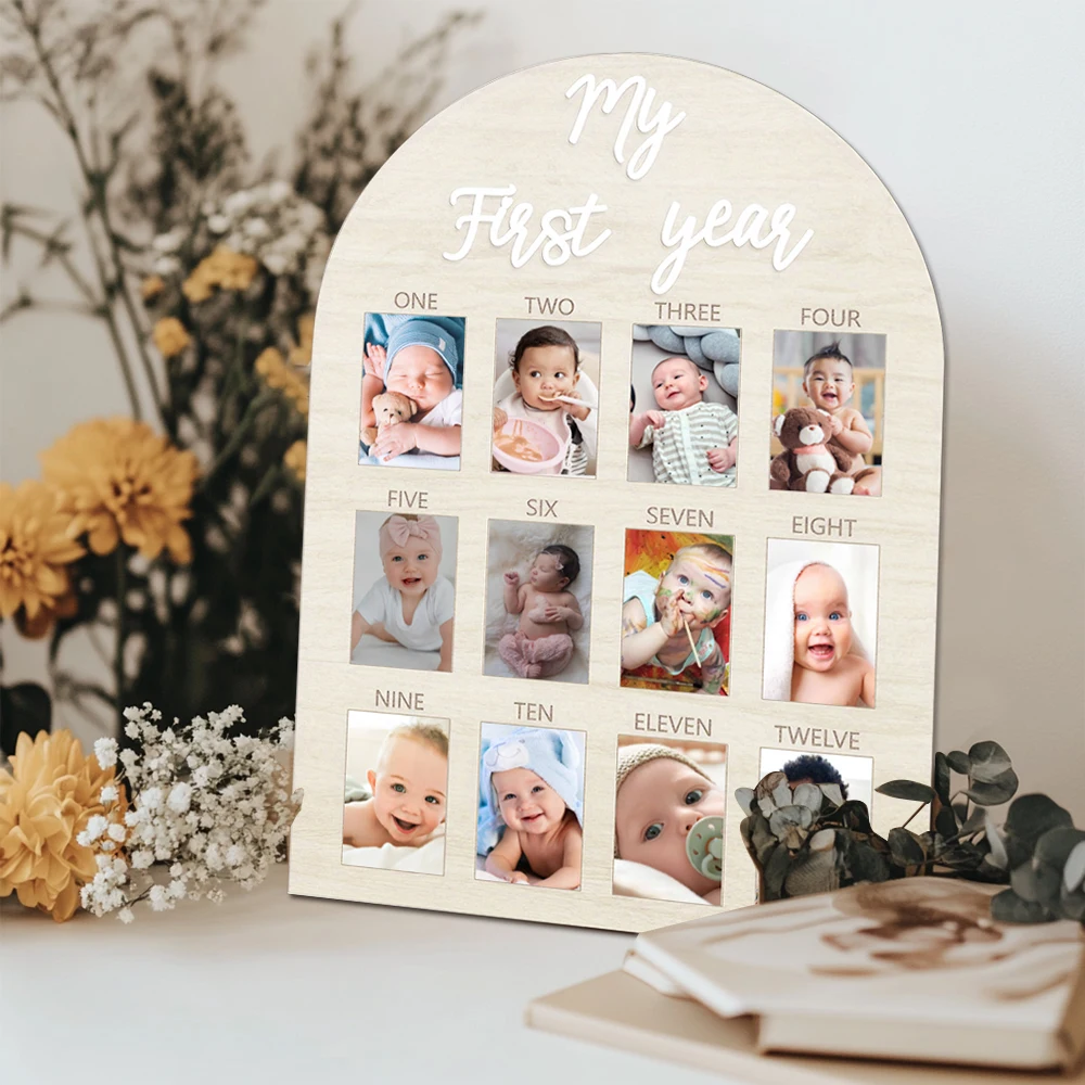 Tablero de fotos de madera para cumpleaños de un año, tablero de fotos de mi primer año, marco de fotos mensual de 12 decoraciones de primer cumpleaños