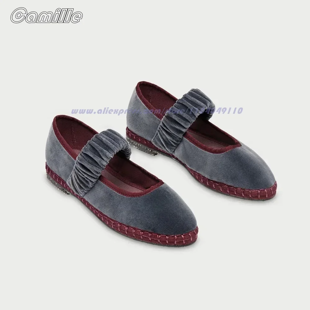 Suede Pointed Toe Pleated Gold Velvet Mary Jane Shoes Mixed Color Front Elastic Band Casual Flats 2025 Fashion Grace Lady Shoes