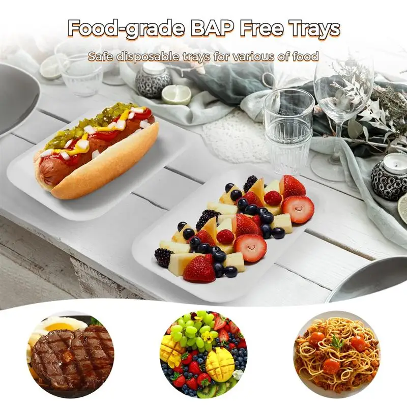 60Pcs Crafts Foam Trays White Foam Disposable Poultry Meat Fruit Trays BBQ Grill Roast Food Plates Rectangle DIY Craft Trays