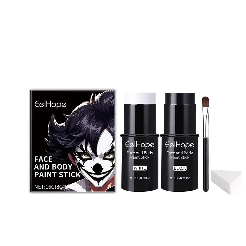 Kit de pintura corporal para cara en blanco y negro, 1 Uds., con pinceles, maquillaje de larga duración para Halloween, accesorios de maquillaje divertidos y festivos, maquillaje L3V2