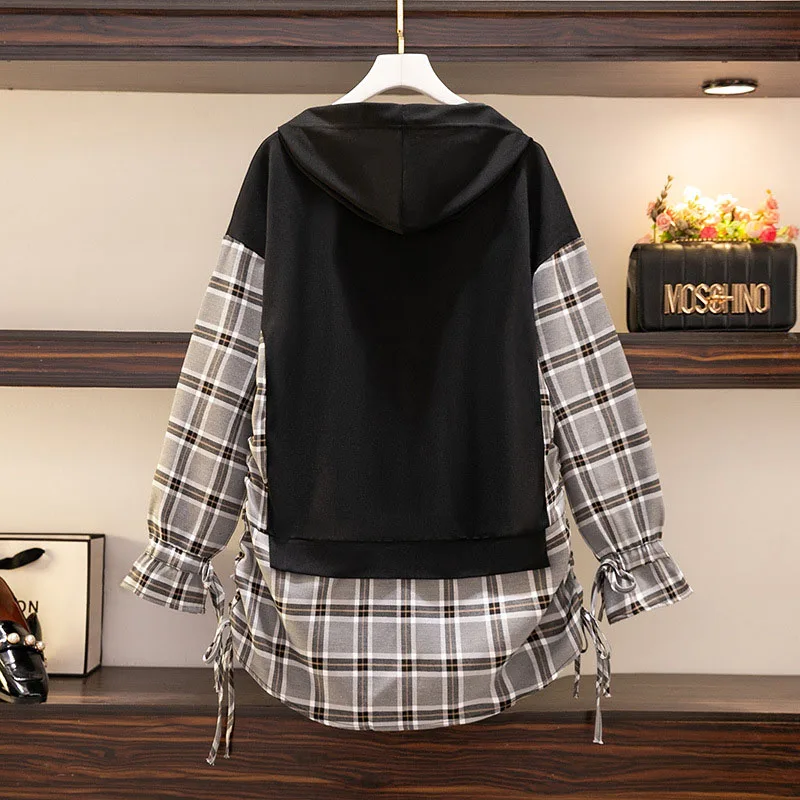 150Kg Plus Size Women\'s Bust 157cm Spring Autumn Loose Stitching Fake Two-Piece Plaid Hooded Sweatshirts 5XL 6XL 7XL 8XL 9XL