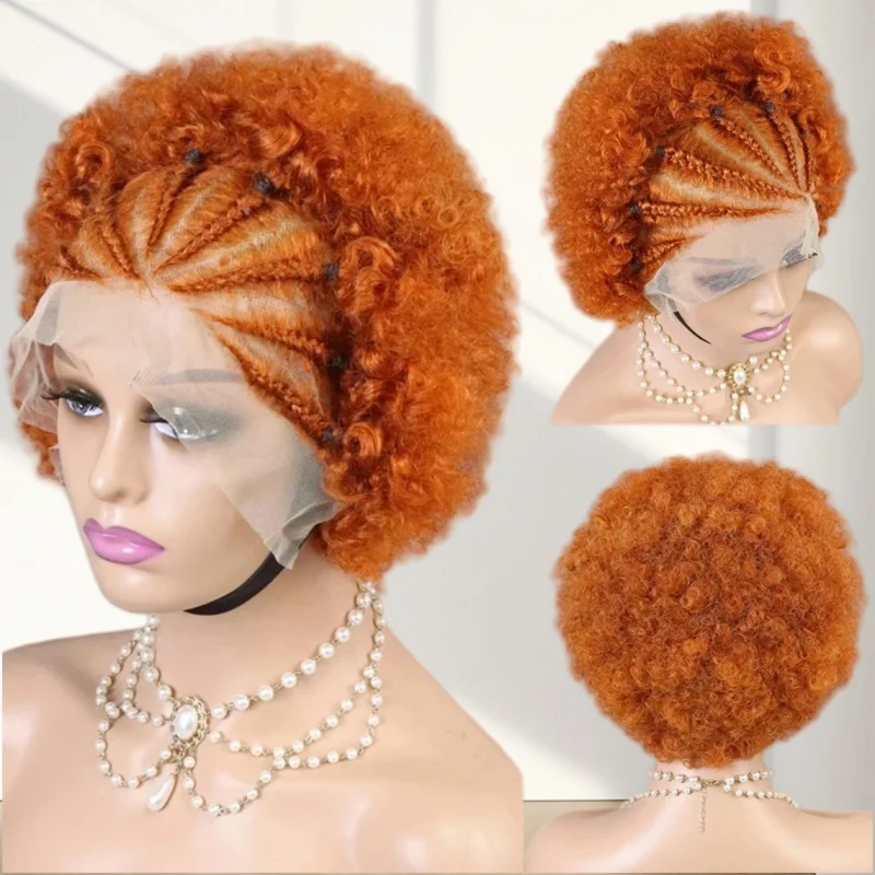 

Afro Kinky Curly Human Hair Wigs with Braids 8 inch 13x4 Transparent Lace Short Bouncy Curly Bob Wig for Women 250% Density