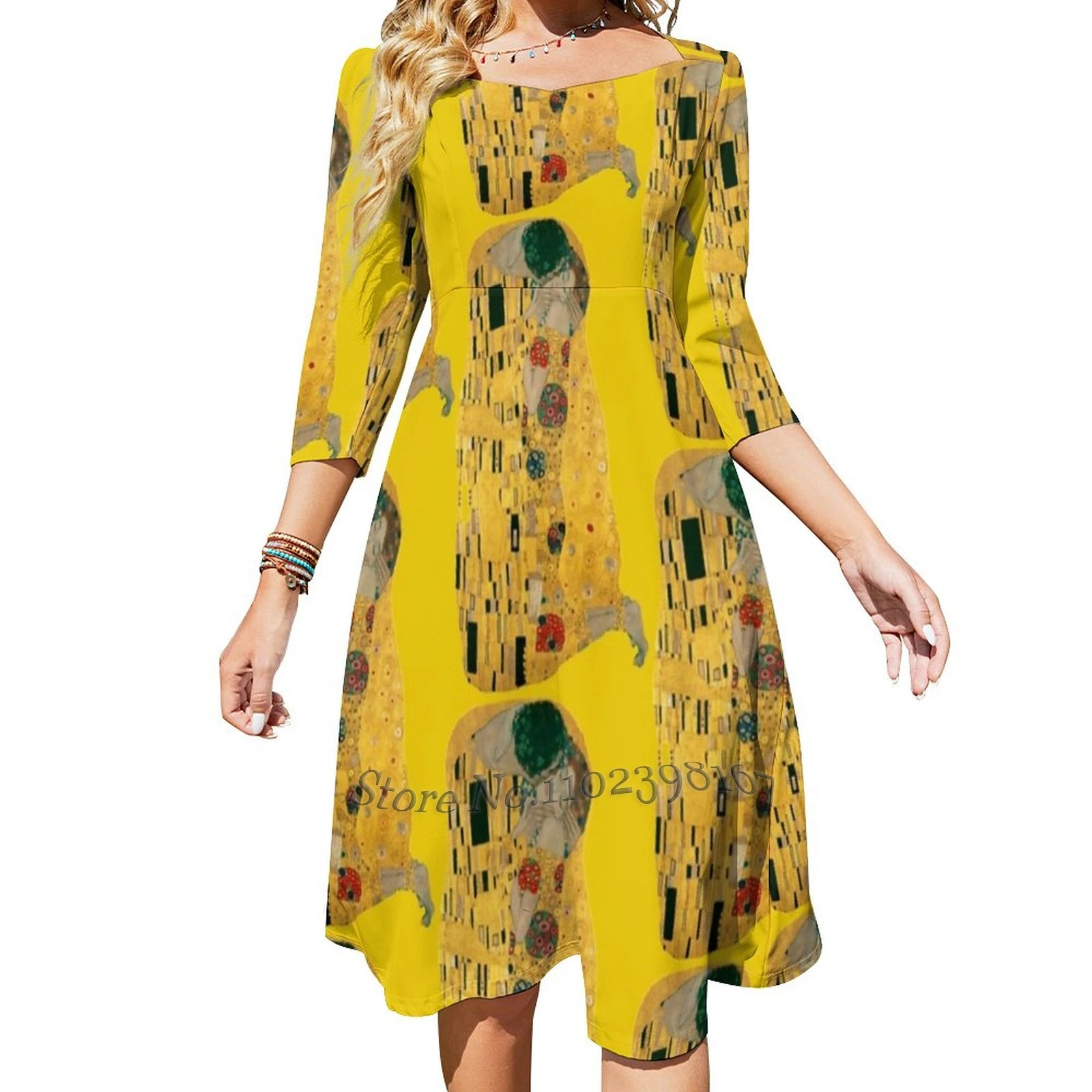 The Kiss Square Neck Dress Cute Loose Print Dresses Beach Party Dress Klimt Lovers Klimt Gustav Klimt European Painting