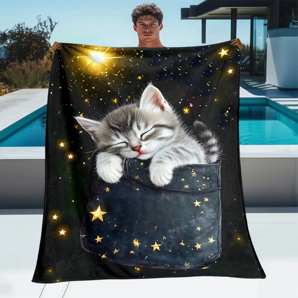 Sleeping Kitten in Black Pot with Stars Blanket Lightweight Flannel All-Season Soft Warm Throw for Sofa Bed Travel Camping