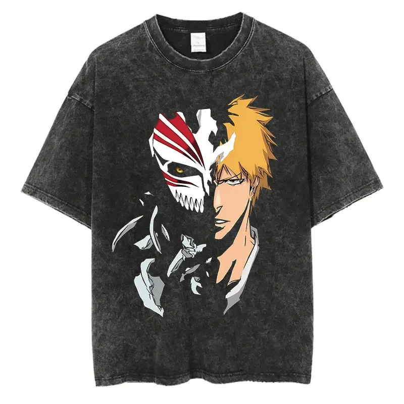 Anime Bleach Peripherals Graphic Print T-shirt Men Women Streetwear Summer New Tee Short Sleeve Retro Washed Cotton Oversize Top