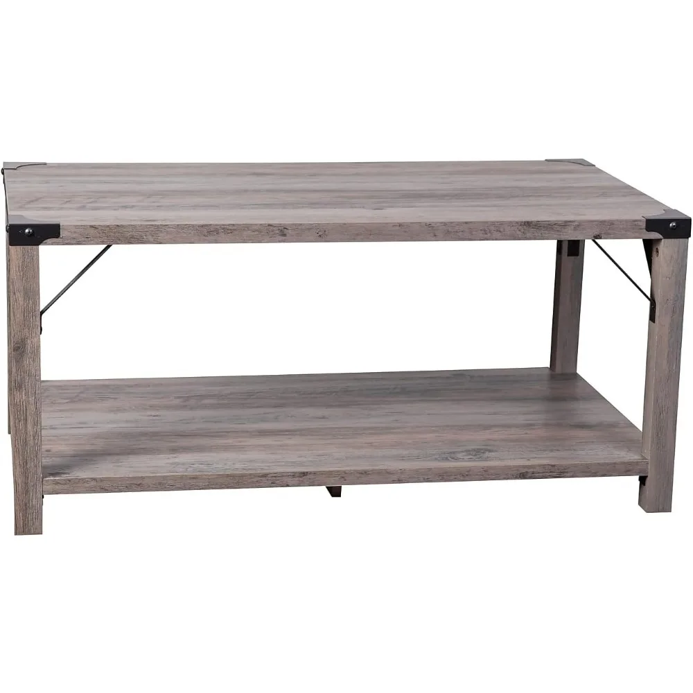 

Wyatt Modern Farmhouse 2 Tier Coffee Table - Gray Wash Engineered Wood Frame - Black Metal Crisscross Side Braces and Corner Ac