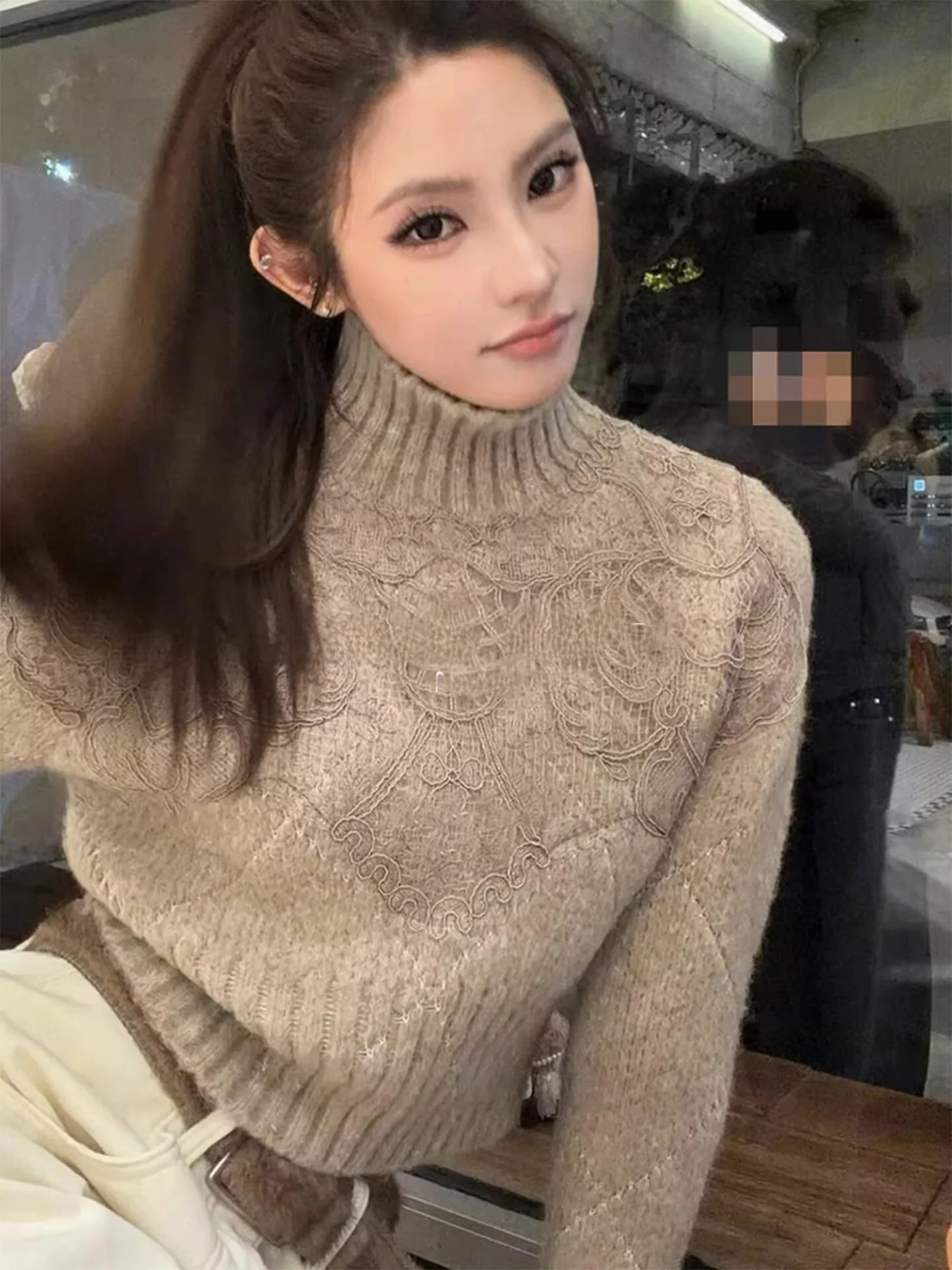 

Rouje Kefss Korean Style Long Sleeve Lace Short Knitwear Half High Collar Women's Autumn Winter Design Sense Crew Neck Top