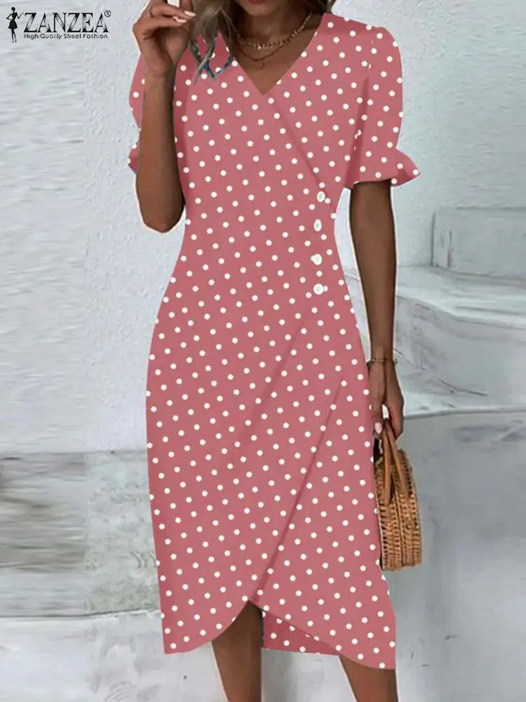 

ZANZEA Holiday Sundress Fashion Women Summer Dress Elegant V Neck Puff Sleeve Sundress Polka Dot Robe Femme Bohemain Vestidos