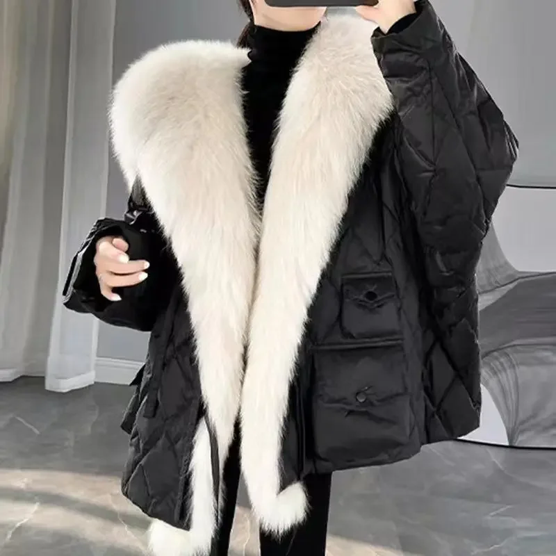 2024 Winter New Women's Down Coat Imitation Fox Fur Grass Mid Length Plush Thickened Fashion Navy Collar Edge F360