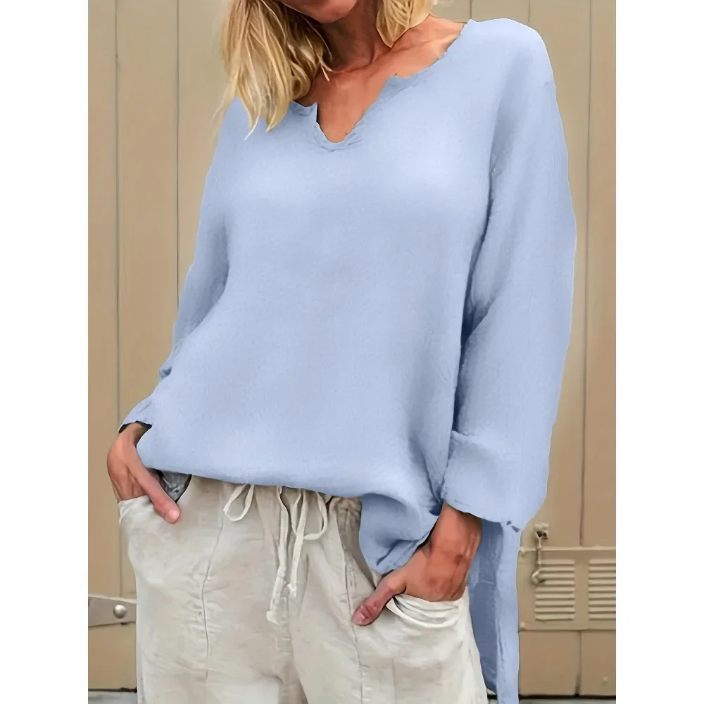 

Женская модная однотонная рубашка больших размеров с v-образным вырезом и длинными рукавами, женская повседневная футболка-пуловер