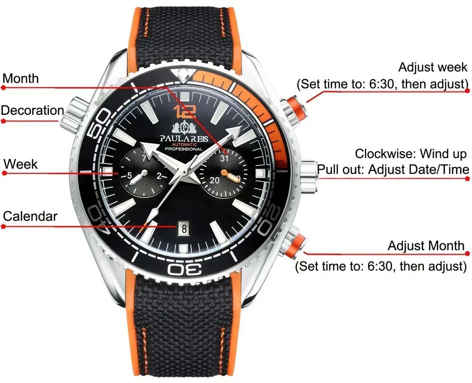 Automatic Watch for Men Mechanical Orange Blue Red Canvas Strap Multifunction Date Month Reloj Hombre Часымеханические Муж