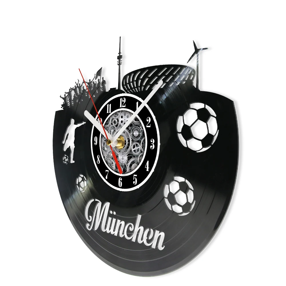 Muchen Skyline Vinyl Record Wall Clock Deutschland Football Stadium Landmar Germany Cityscape Art Clock Home Decor Wall Watch