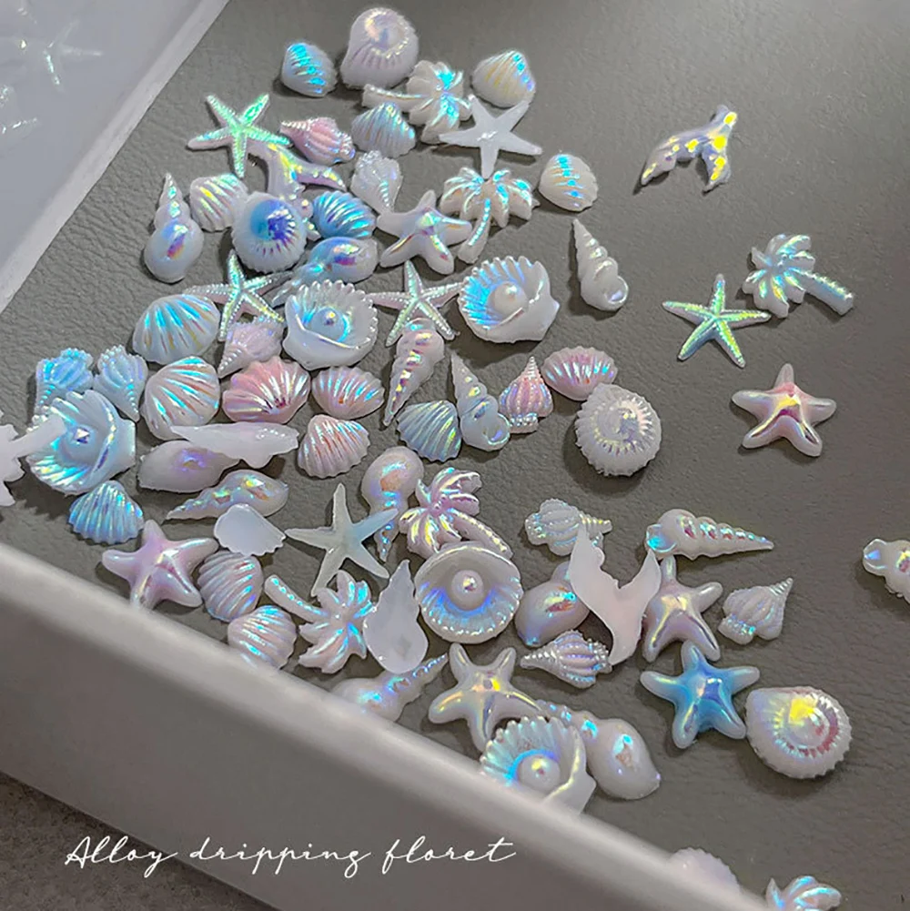 12 Grid Aurora Conch Shell Coconut Tree Mermaid Nail Art Rhinestones Summer Ocean Life Pearl Manicure Rhinestones Decorations view 3