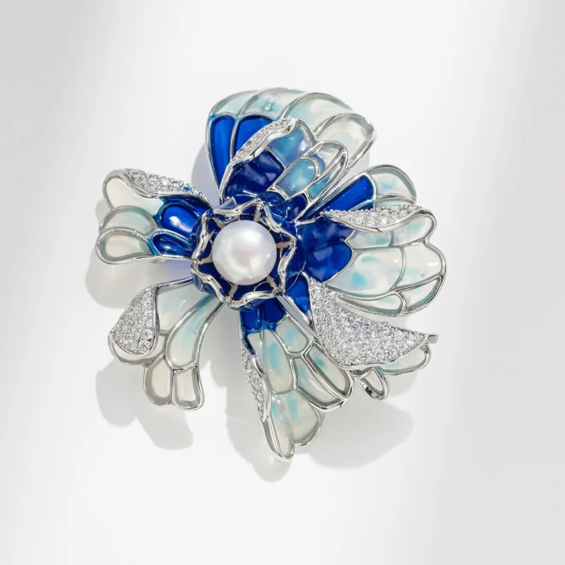 

Exquisite and Elegant Blue Peony Brooch, Original Design Freshwater Pearl Enamel Flower Pin