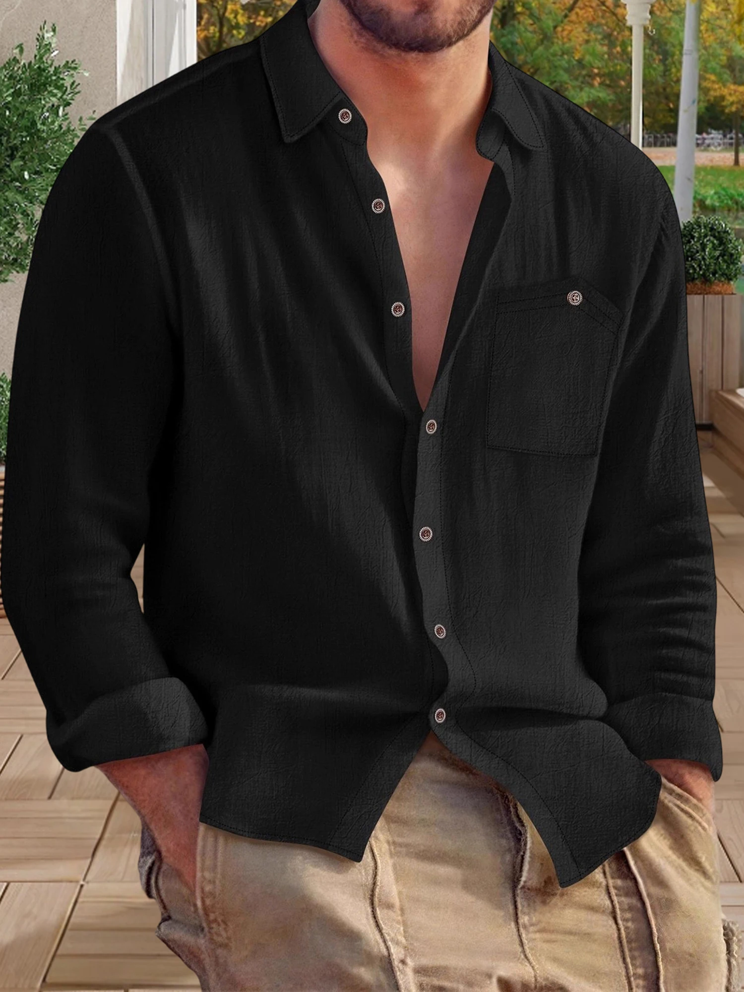 Herren-Hemd mit entspannter Passform, langärmelig, einfarbig, Button-Down-Hemd mit Umlegekragen und Brusttaschen für Freizeitkleidung im Herbst
