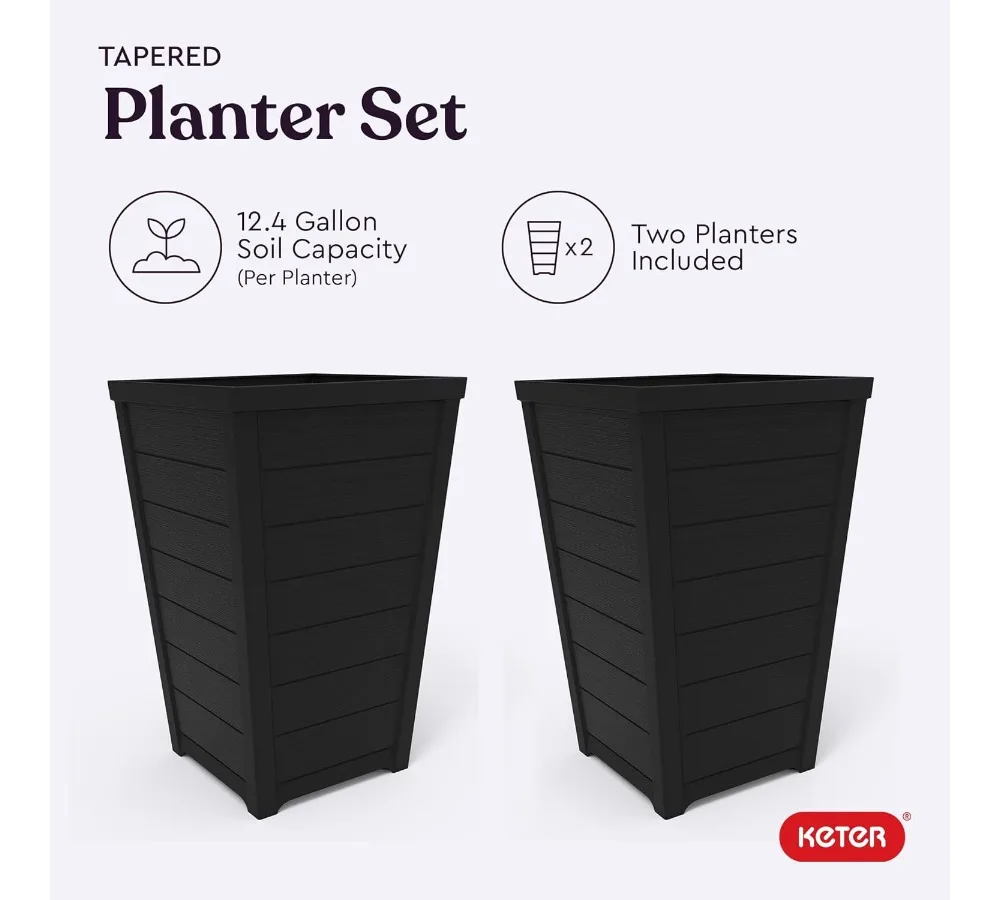 مجموعة من 2 أوعية زهور كبيرة حديثة خارجية بطول 22 بوصة، مزارعي بمظهر خشبي مدبب لتزيين الحديقة